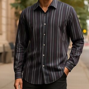 👛 (ANY 2/$20) INC Men's Vertical Striped Button-Up Shirt - Black, Purple Tones